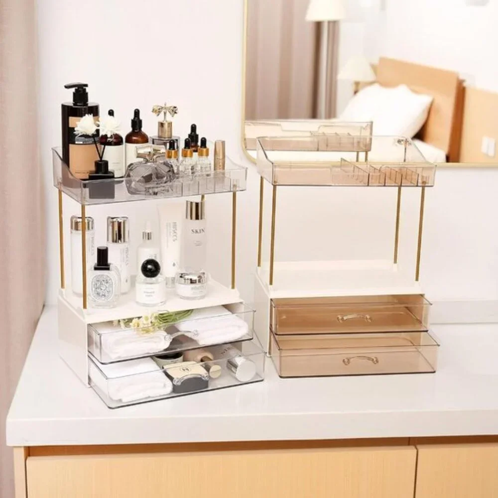 New Elegant 2-Tier Bathroom Organizer, Champagne Gold Makeup & Skincare Storage